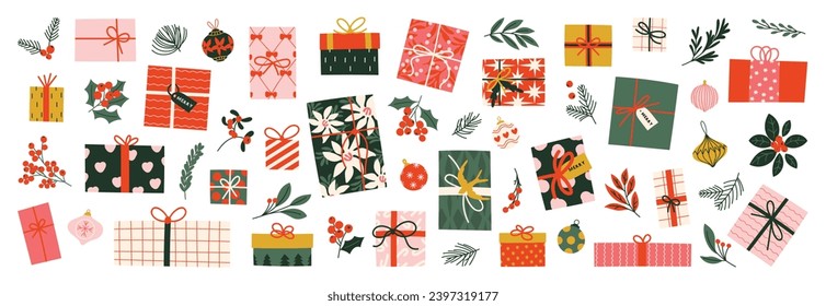 Merry christmas and happy new year element vector. Collection drawing of holly berry plant, flower, gift, christmas bauble ball, pine leaves. Design suitable for banner, invitation, decoration.