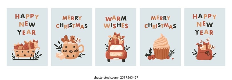 Merry Christmas and happy new year 2024 greeting card with gifts, cup of cocoa, car, cupcake and bag. Holiday retro flat illustration 