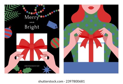 Merry Christmas, Happy New Year. Xmas present for social media, poster. Gift giving. Holiday season banner top view. Hands unpacking box, Decorative red bow. Modern style. Flat vector illustration.