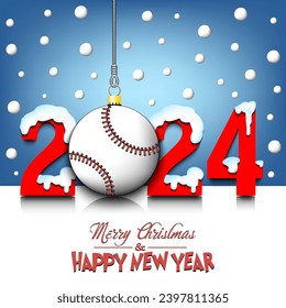 Merry Christmas and Happy New Year. Number 2024 and baseball ball as a Christmas decorations hanging on strings amid falling snow on a mirror surface. Pattern for greeting card. Vector illustration