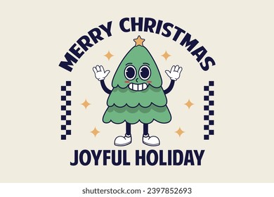 Merry Christmas and Happy New Year greeting card with cute cartoon tree