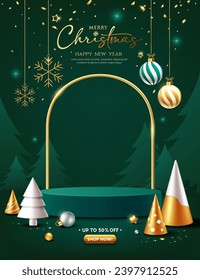 Merry christmas and happy new year, green podium display ornaments poster flyer design on green background, EPS10 vector illustration
