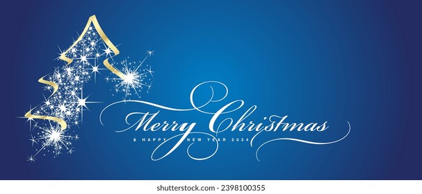 Merry Christmas and Happy New Year 2024 beautiful golden white light elegant brush script calligraphy typography with glitter sparkle stardust Christmas tree blue background greeting card