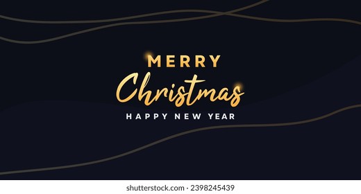 Merry Christmas and Happy New Year banner, greeting card, poster, holiday cover, header. Modern design with dark blue background.