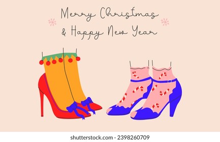 Merry Christmas and Happy New Year card with costume shoes and bright socks in a trendy style.isolated.Vector