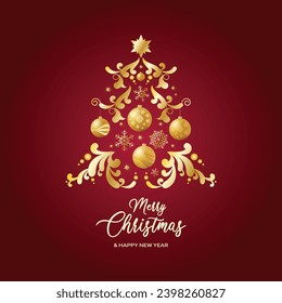 Merry Christmas and Happy New Year greeting card with stylized golden christmas tree on a red background. Beautiful golden luxury abstract christmas tree icon vector. Gold shiny christmas bauble tree