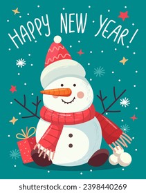 Merry Christmas and Happy New Year 2024 Vector trendy illustrations of holiday cards with forest, snowman, lettering, Christmas tree and pine. Drawing for poster