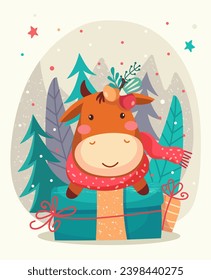 Merry Christmas and Happy New Year 2024 Vector trendy illustrations of holiday cards with forest, cow, lettering, Christmas tree and pine. Drawing for poster