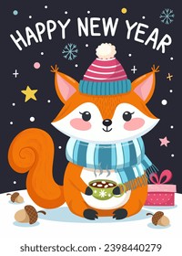Merry Christmas and Happy New Year 2024 Vector trendy illustrations of holiday card with forest, squirrel, deer, lettering, christmas tree and pine. Drawing for poster
