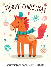 Merry Christmas and Happy New Year 2024 Vector trendy illustrations of holiday cards with forest, horse, lettering, Christmas tree and pine. Drawing for poster