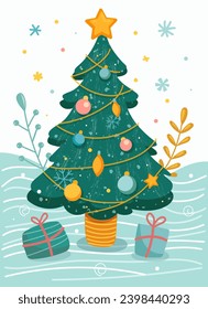Merry Christmas and Happy New Year 2024 Vector trendy illustrations of holiday cards with forest, Christmas tree, lettering, Christmas tree and pine. Drawing for poster