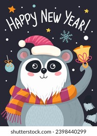 Merry Christmas and Happy New Year 2024 Vector trendy illustrations of holiday cards with forest, lemur, deer, lettering, Christmas tree and pine. Drawing for poster