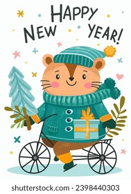 Merry Christmas and Happy New Year 2024 Vector trendy illustrations of holiday cards with forest, hamster, lettering, Christmas tree and pine. Drawing for poster