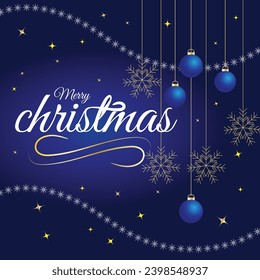 Merry Christmas and Happy New Year vector templa. blue baubles, snowflakes hanging on dark blue gradient background. Christmas balls.Luxury background