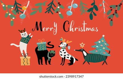 Merry Christmas and Happy New Year Greeting Card Vector illustration. Cute dogs and cat in Christmas pet costume. 