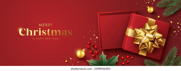 Merry christmas and Happy new year, red gift box gold ribbon, red berry and pine leaf banner design on red background, Eps 10 vector illustration
