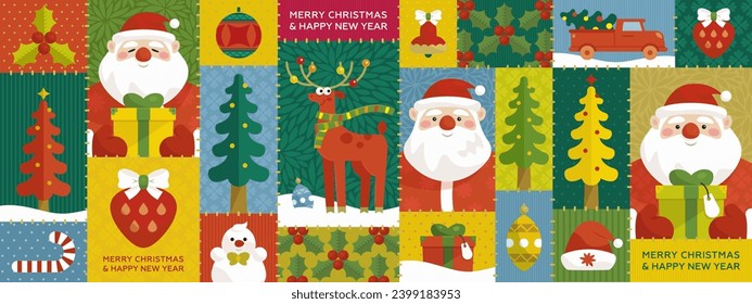 Merry Christmas and happy new year vector banner template with cartoon santa, reindeer, gift box and snowman. Greeting card, festive pattern or holiday background in simple modern flat style