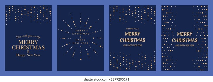 Merry Christmas and Happy New Year greeting card set, vector illustration. Golden pattern on a blue background.