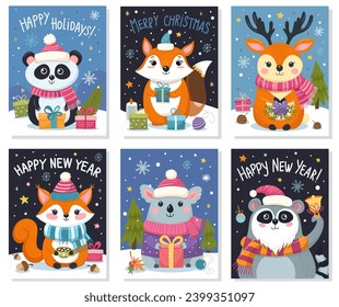 Merry Christmas and Happy New Year 2024 Vector trendy illustrations of holiday cards collection with forest, fox, deer, lettering, Christmas tree and pine. Drawing for poster