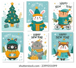 Merry Christmas and Happy New Year 2024 Vector trendy illustrations of holiday cards collection with forest, fox, deer, lettering, Christmas tree and pine. Drawing for poster