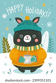 Merry Christmas and Happy New Year 2024 Vector trendy illustrations of holiday cards with forest, black bear, lettering, Christmas tree and pine. Drawing for poster