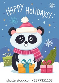 Merry Christmas and Happy New Year 2024 Vector trendy illustrations of holiday cards with forest, panda, deer, lettering, Christmas tree and pine. Drawing for poster