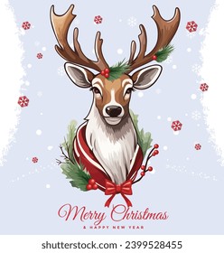 Merry Christmas And Happy New Year Card With Deer And Christmas Background Vector Illustration