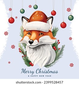 Merry Christmas And Happy New Year Card With Fox And Christmas Background Vector Illustration