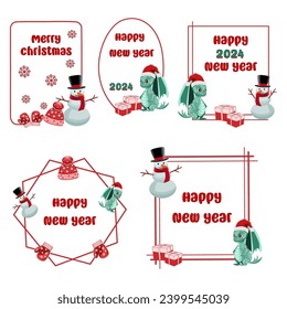 Merry Christmas and Happy New Year greeting card with cute cartoon snowman, dragon and gift boxes.vector illustration 