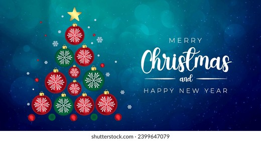 Merry Christmas and happy new year abstract blue green background, Xmas tree snowflake stars and ball, greeting card, holiday decoration geometric pattern, futuristic digital tech illustration vector