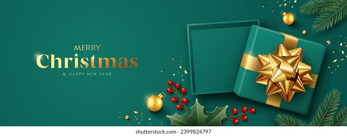 Merry christmas and Happy new year, green gift box gold ribbon, red berry and pine leaf banner design on green background, Eps 10 vector illustration
