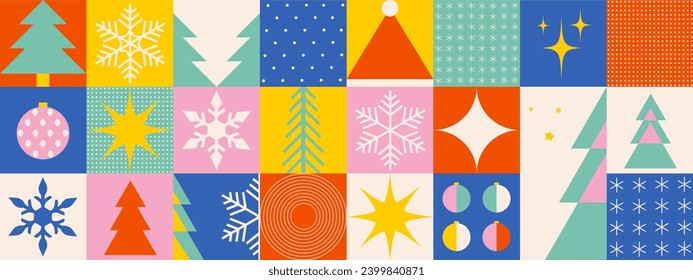 Merry Christmas and Happy New Year seamless pattern in bauhaus style for background, greeting cards, posters, holiday cover, banner in modern minimalist geometric swiss style. Vector illustration 