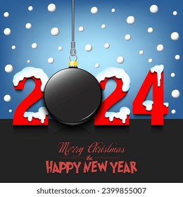 Merry Christmas and Happy New Year. Number 2024 and hockey puck as a Christmas decorations hanging on strings amid falling snow on a mirror surface. Pattern for greeting card. Vector illustration