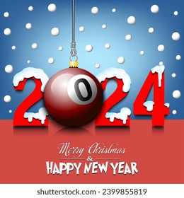 Merry Christmas and Happy New Year. Number 2024 and billiard ball as a Christmas decorations hanging on strings amid falling snow on a mirror surface. Pattern for greeting card. Vector illustration