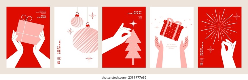 Merry Christmas and Happy New Year. Set of vector illustrations for background, greeting card, party invitation card, website banner, social media banner, marketing material.