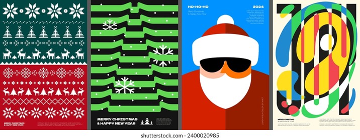 Merry Christmas and Happy New Year abstract graphic bauhaus and brutalism poster. Minimalist festive event print. Ugly sweater pattern and Santa Claus on trendy placard. Modern fir tree y2k art banner