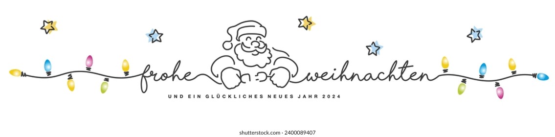 Merry Christmas and Happy new year 2024 eve German language line design handwritten lettering tipography line design pattern with Santa Claus turns on the Christmas lights on a white background