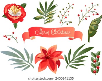 Merry Christmas and Happy New Year 2024 Decoration gifts card with Winter Holiday floral elements isolated Christmas berry plant, ribbon, birds flowers wreath, border vintage sign set, Vector template