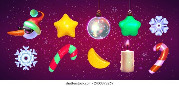 Merry Christmas and Happy New Year. Set of colorful Christmas balls, stars, candies, snowflakes, lollipops. Vector illustration. Eps 10