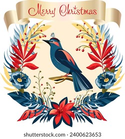Merry Christmas and Happy New Year 2024 Decoration gifts card with Winter Holiday elements isolated Christmas berry plant, ribbon, birds flowers wreath, border, sales frame blank set, Vector template