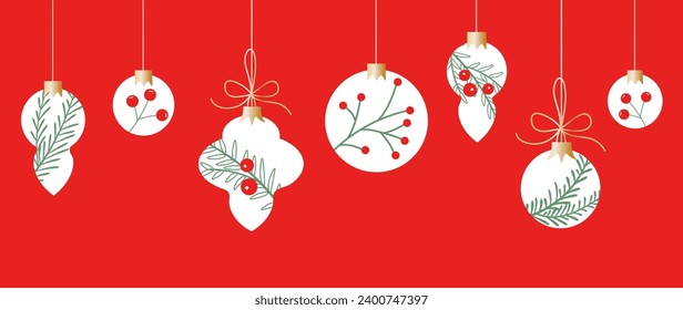 Merry Christmas and Happy New Year. Golden  tree toys, and Christmas branches on a red background, Christmas tree toy and Christmas tree. Win