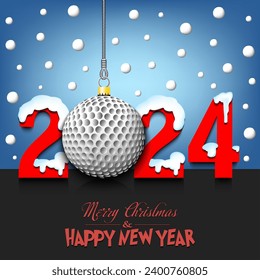 Merry Christmas and Happy New Year. Number 2024 and golf ball as a Christmas decorations hanging on strings amid falling snow on a mirror surface. Pattern for greeting card. Vector illustration