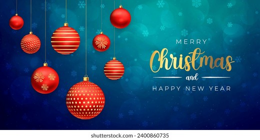 Merry Christmas and happy new year abstract blue green background, Xmas tree snowflake stars and ball, greeting card, holiday decoration geometric pattern, futuristic digital tech illustration vector