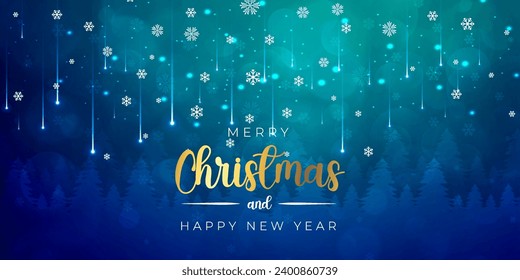 Merry Christmas and happy new year abstract blue green background, Xmas tree snowflake stars and ball, greeting card, holiday decoration geometric pattern, futuristic digital tech illustration vector