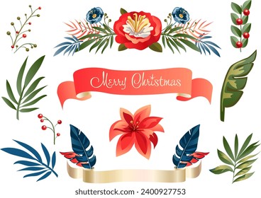 Merry Christmas and Happy New Year 2024 Decoration gifts card with Winter Holiday elements isolated Christmas berry plant, ribbon, birds flowers wreath, border, sales frame blank set, Vector template