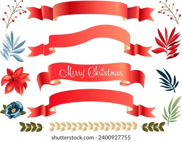 Merry Christmas and Happy New Year 2024 Decoration gifts card with Winter Holiday elements isolated Christmas berry plant, ribbon, birds flowers wreath, border, sales frame blank set, Vector template