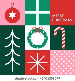 Merry Christmas and Happy New Year greeting card in elegant geometric minimalist style. Minimalistic  art banner, poster, cover templates. Trendy, contemporary abstract design.  vector illustration.