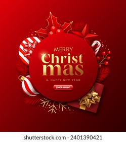 Merry christmas and Happy new year sale, circle shape design red gift box gold ribbon, red berry and santa wand, pine leaf poster flyer design on red background, Eps 10 vector illustration
