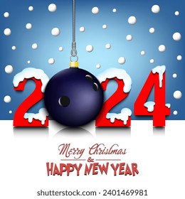 Merry Christmas and Happy New Year. Number 2024 and bowling ball as a Christmas decorations hanging on strings amid falling snow on a mirror surface. Pattern for greeting card. Vector illustration