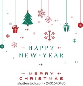 Merry Christmas and Happy New Year Greeting Card christmas tree silhouette with decorations, vector illustration